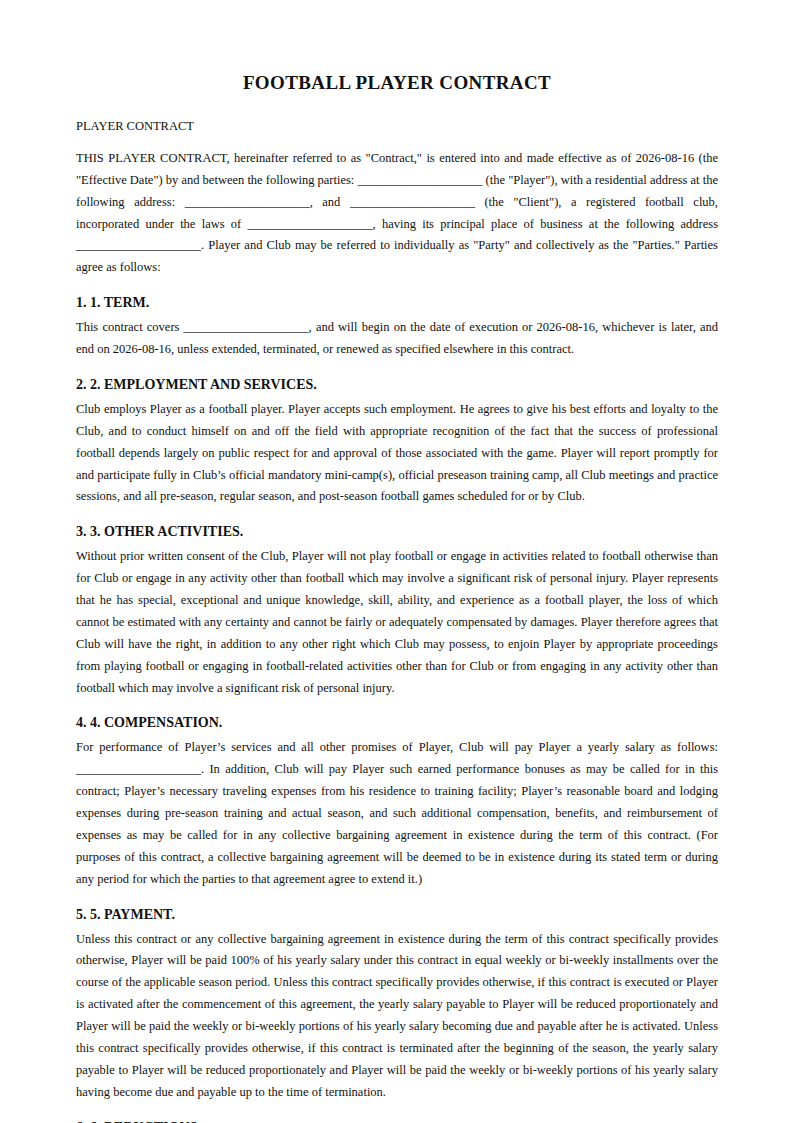 Preview of the Football Player Contract template