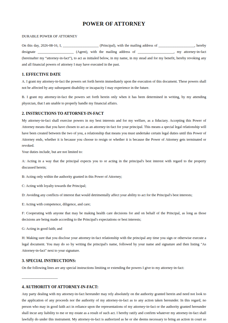 Preview of the Power of Attorney template