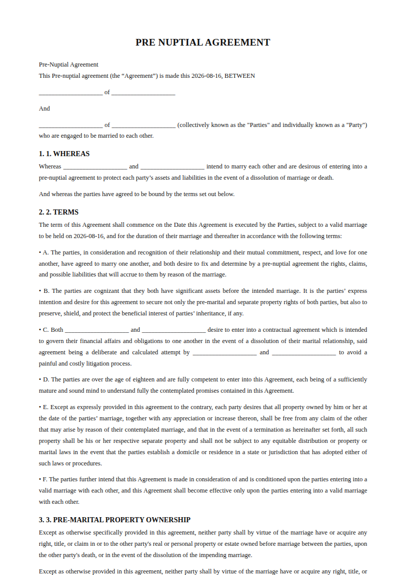 Preview of the Pre Nuptial Agreement template