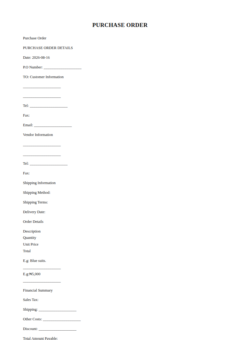 Preview of the Purchase Order template