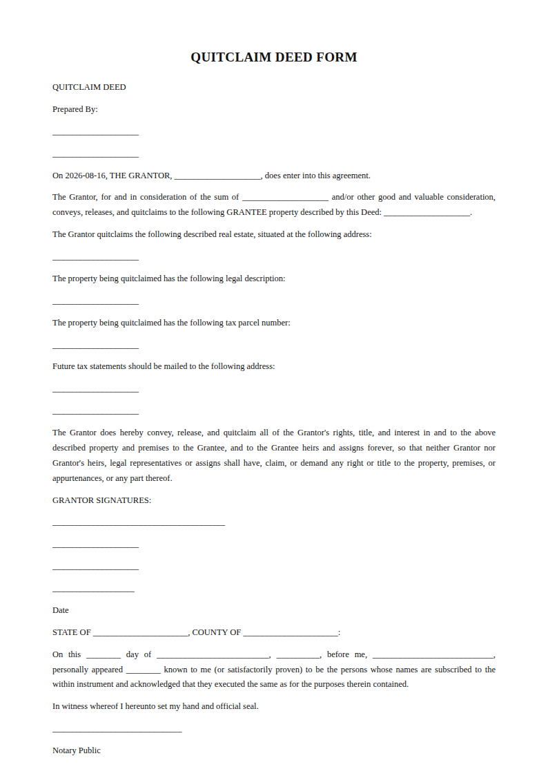 Preview of the Quitclaim Deed Form template