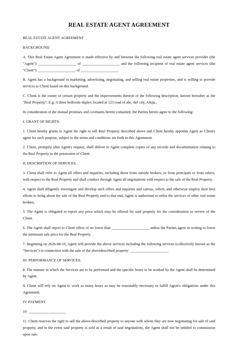 Preview of the Real Estate Agent Agreement template