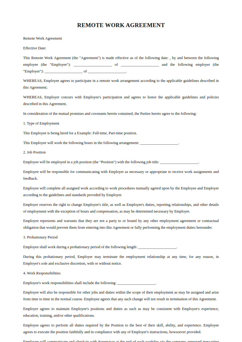 Preview of the Remote Work Agreement template