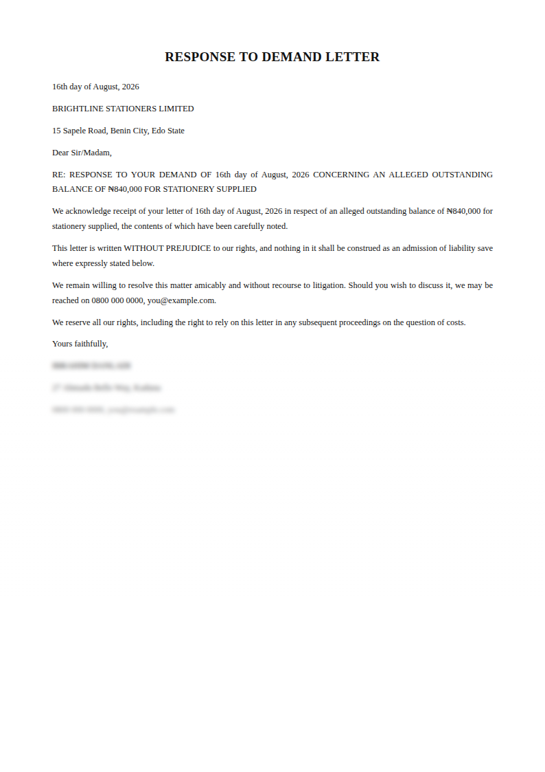 Preview of the Response to Demand Letter template