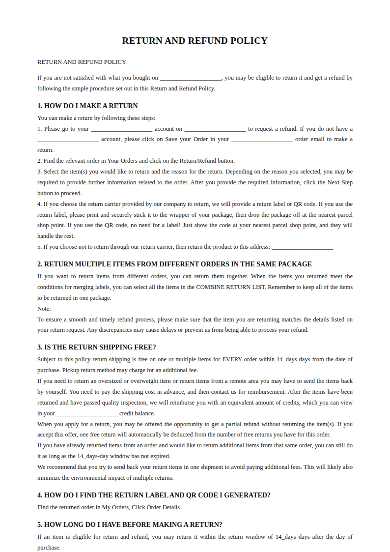 Preview of the Return and Refund Policy template