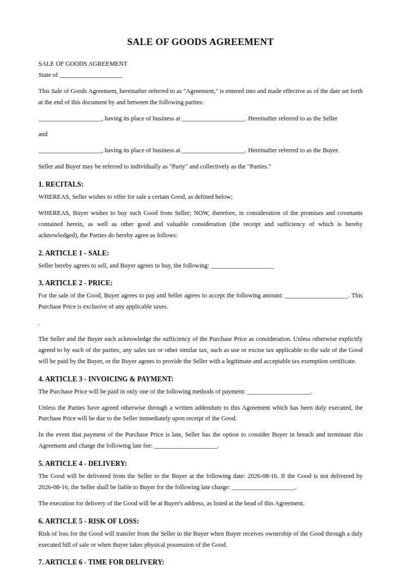 Preview of the Sale of Goods Agreement template