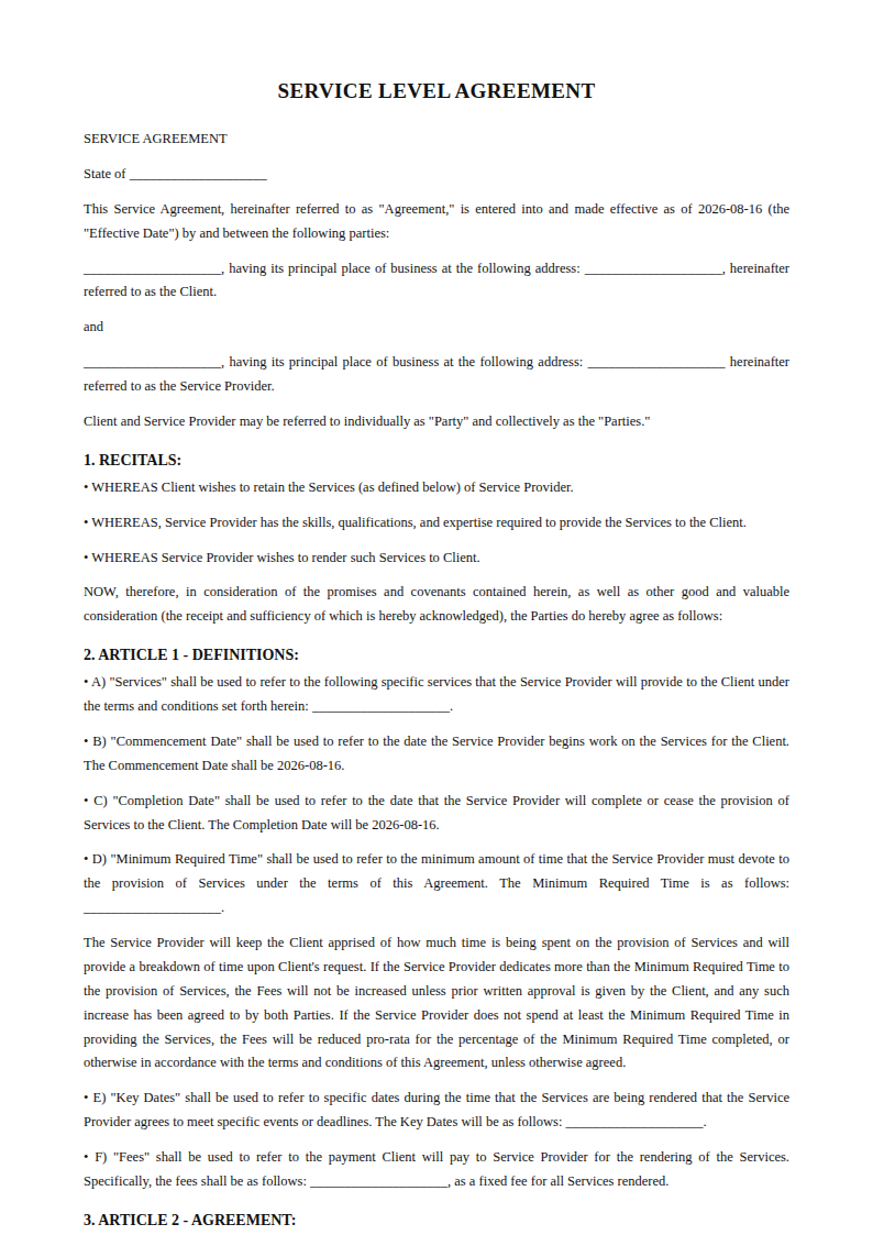Preview of the Service Level Agreement template
