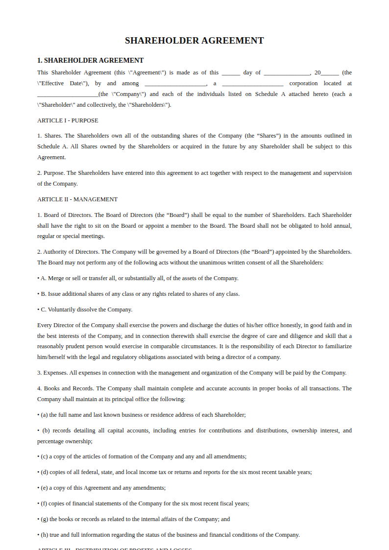 Preview of the Shareholder Agreement template