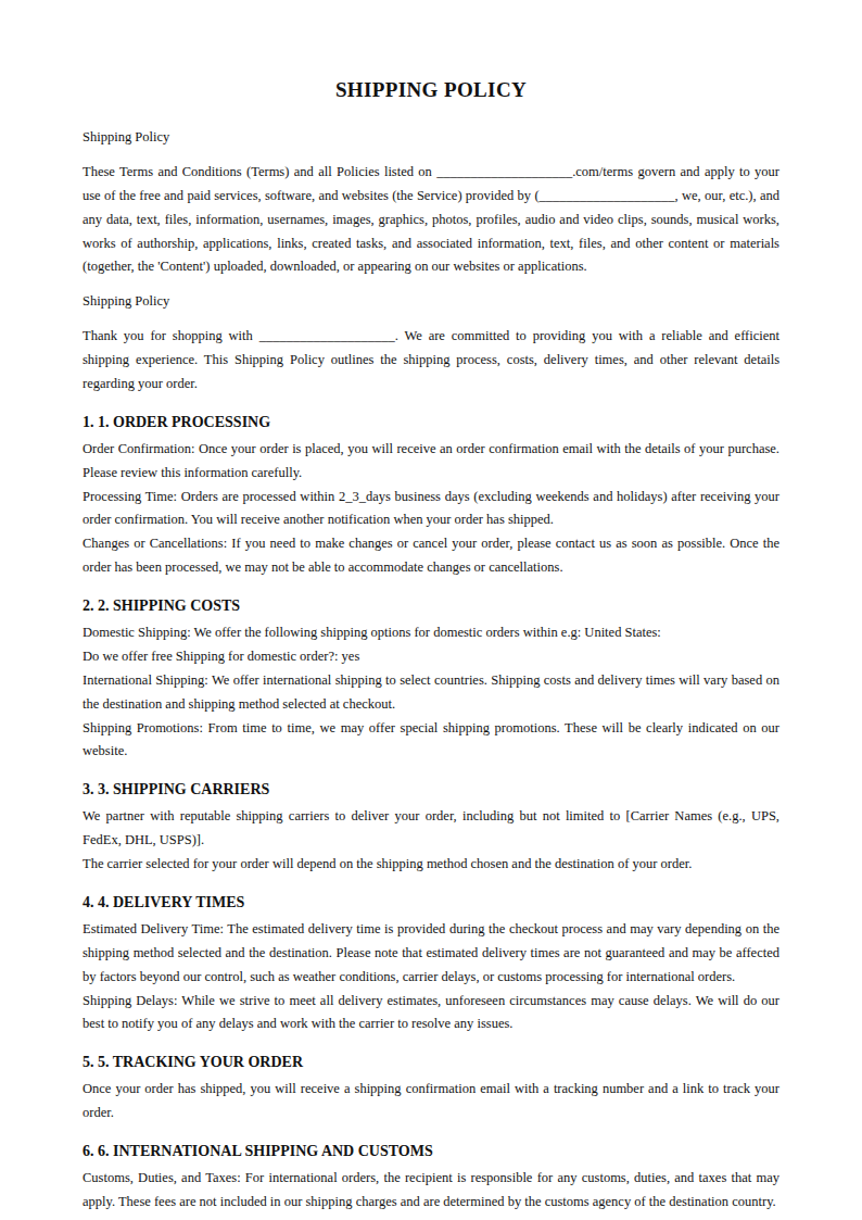 Preview of the Shipping Policy template