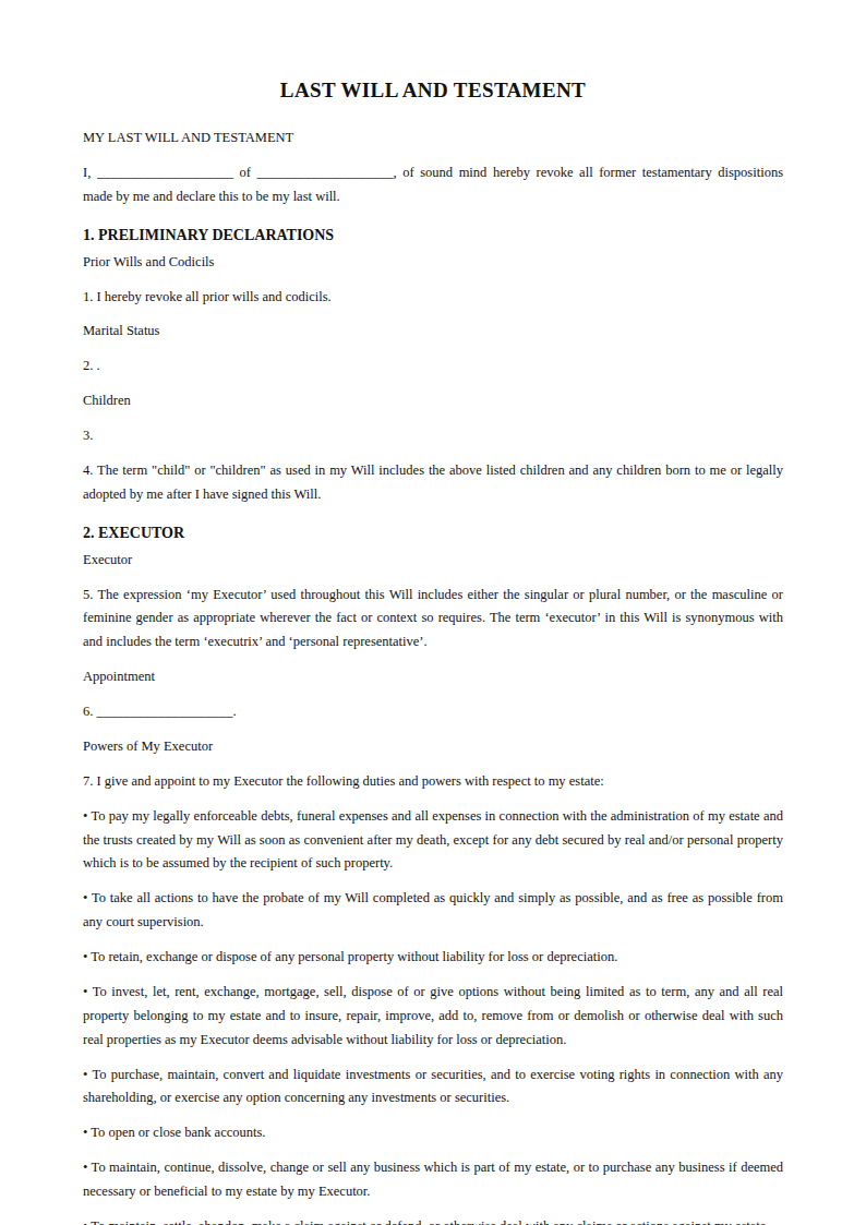 Preview of the Last Will and Testament template