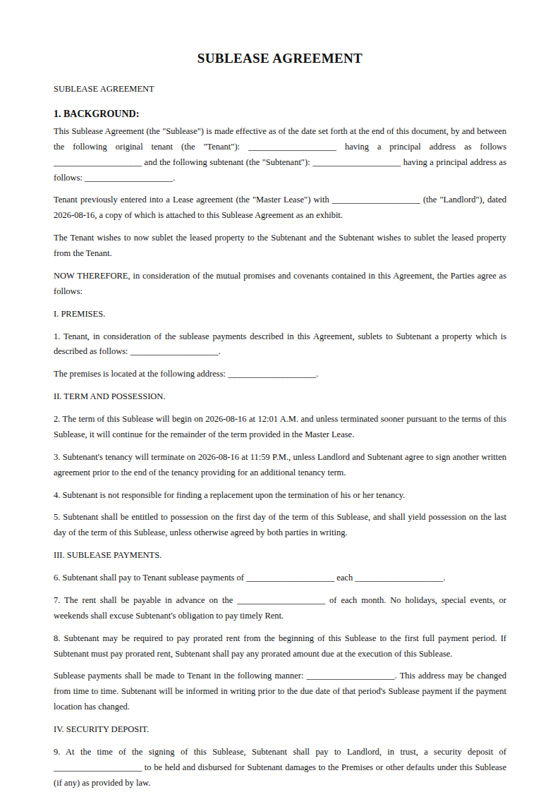 Preview of the Sublease Agreement template