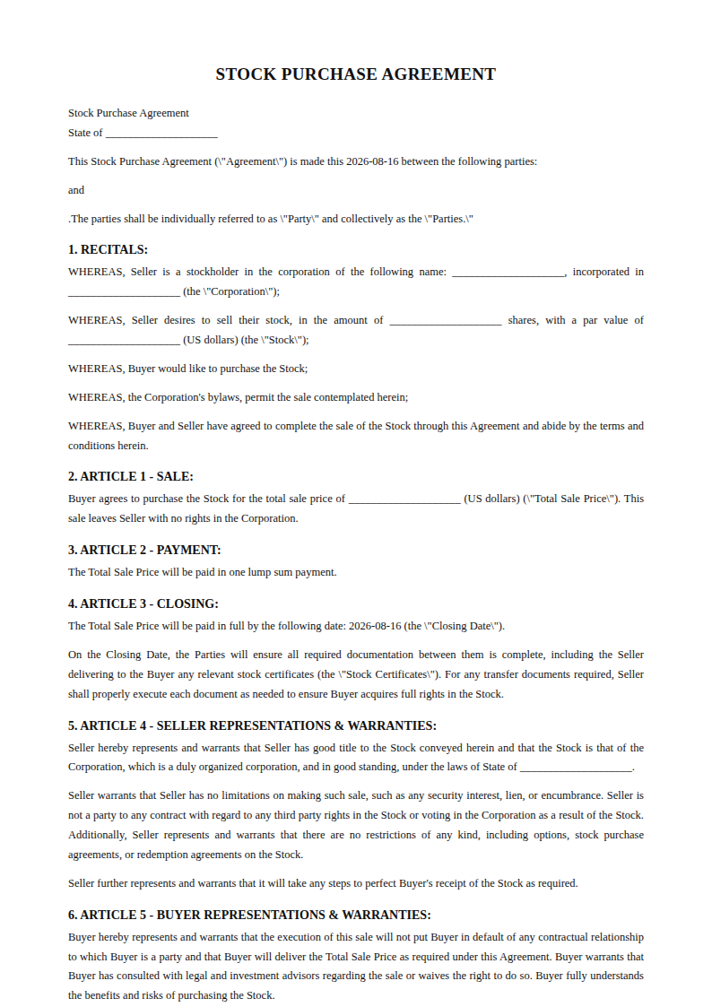 Preview of the Stock Purchase Agreement template