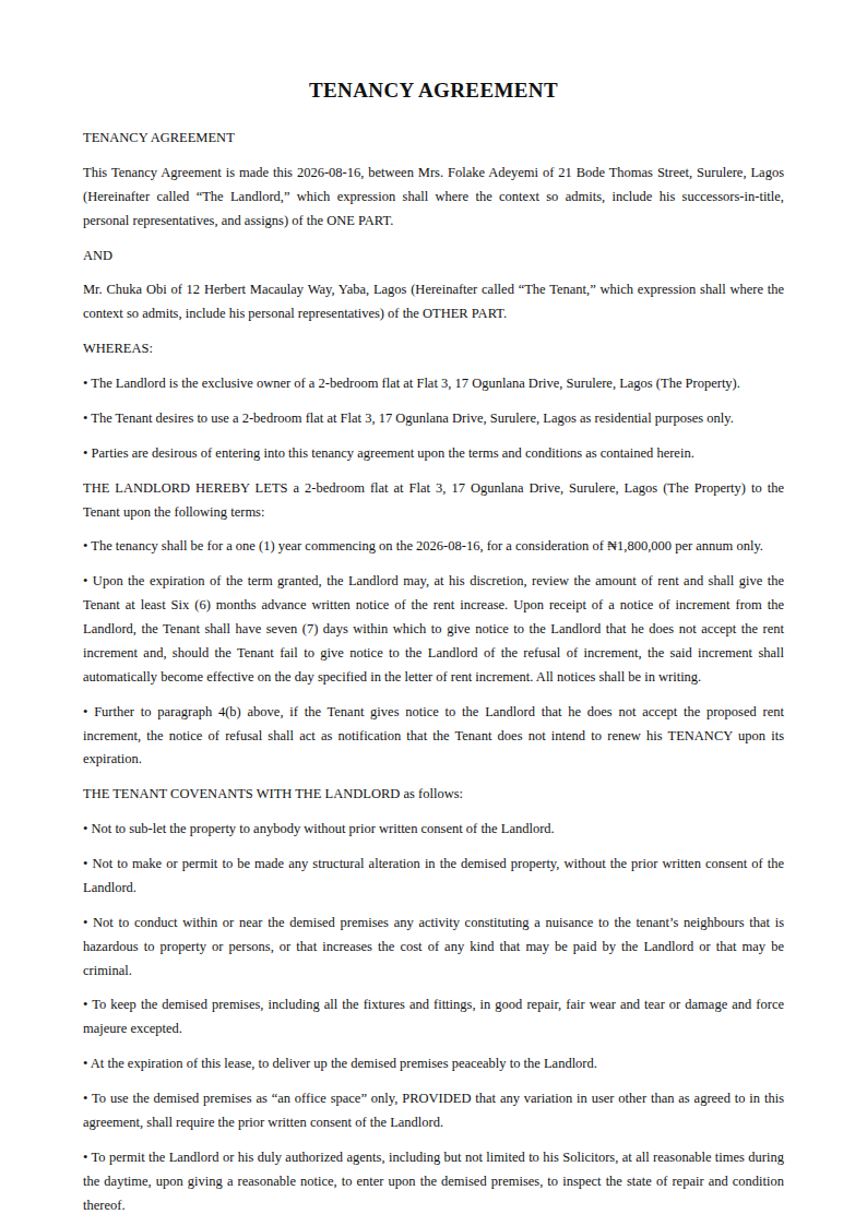 Preview of the Tenancy Agreement template