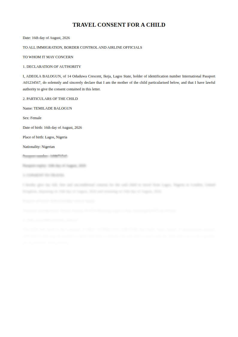 Preview of the Travel Consent for a Child template