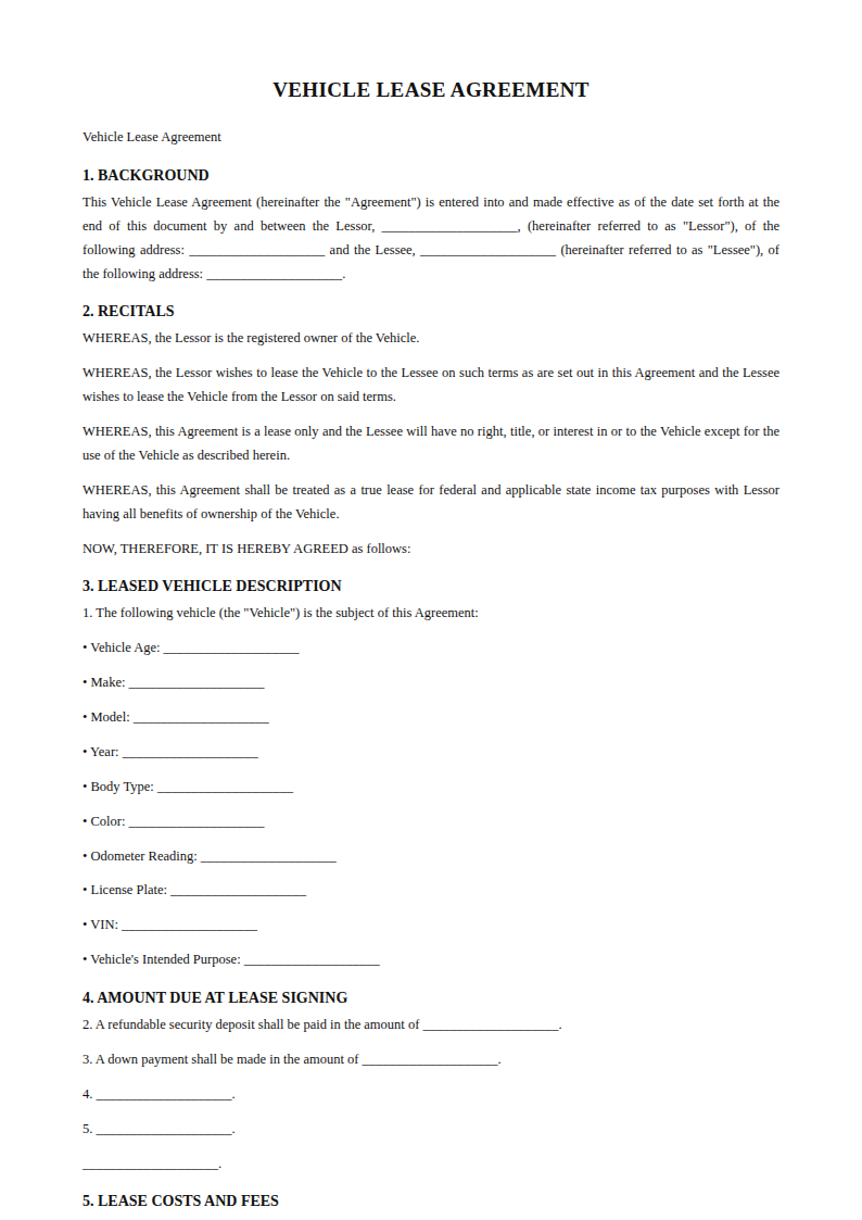 Preview of the Vehicle Lease Agreement template